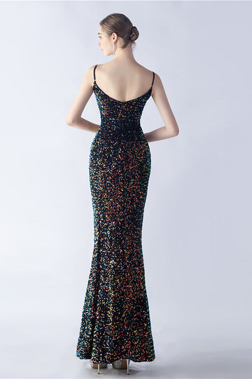 Glitter Mermaid Spaghetti Straps Pärlstav Symphony Svart Formell Klänning Med Sidoslits